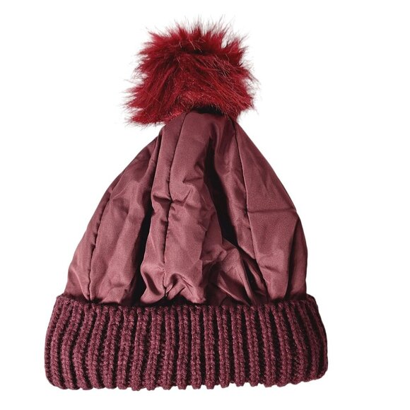 Burgundy Winter Beanie Hat Faux Fur Pom Puffer Style Knit Cuff - Picture 1 of 3